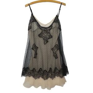 Victorias Secret Vintage Gold Label Black Polka Dot Lace Slip Dress Tan Large L